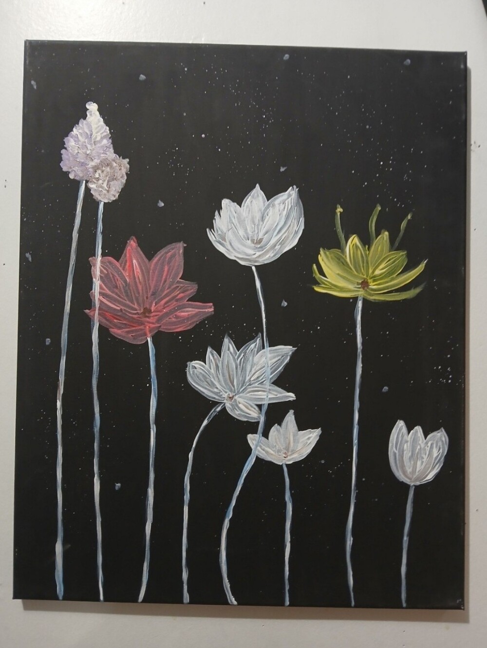 Abstract Floral 16 × 20 Canvas Painting in Black, White, Pink & Yellow